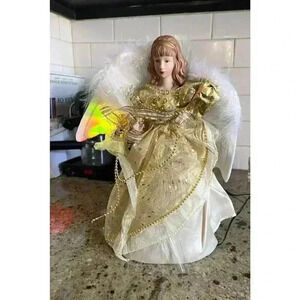 VTG Gold Angel Christmas Tree Topper Light Up WORKING Feather